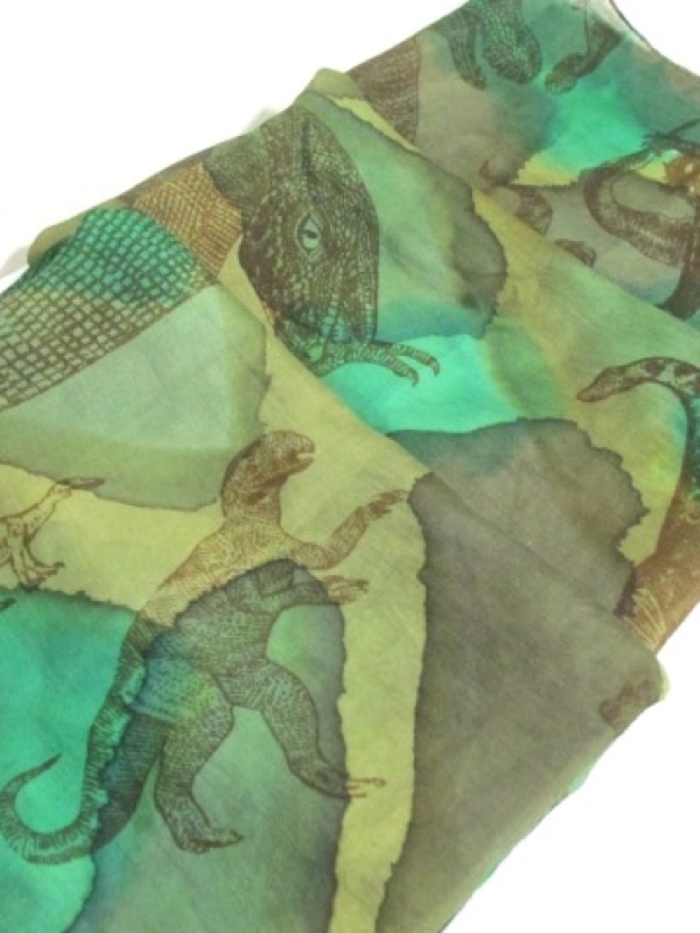 Green Olive Sheer Silk Scarf with Dinosaurs - Picture 4 of 6